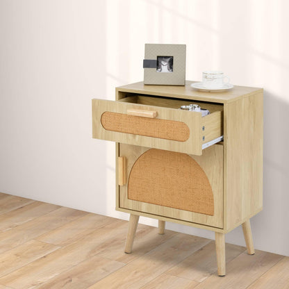 Rattan Nightstand Boho Bedside Table with Rattan-decorated Door