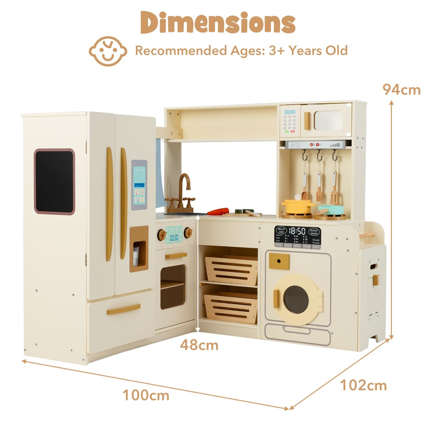 Corner Kitchen Playset with Large Fridge for Toddlers 3+ Years Old