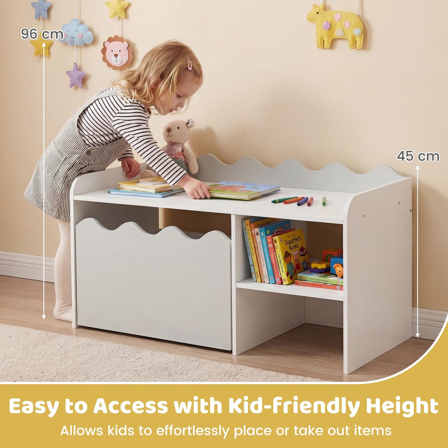 Scalloped Kids Bookshelf with Movable Drawer and Anti-Toppling Kit for Playroom