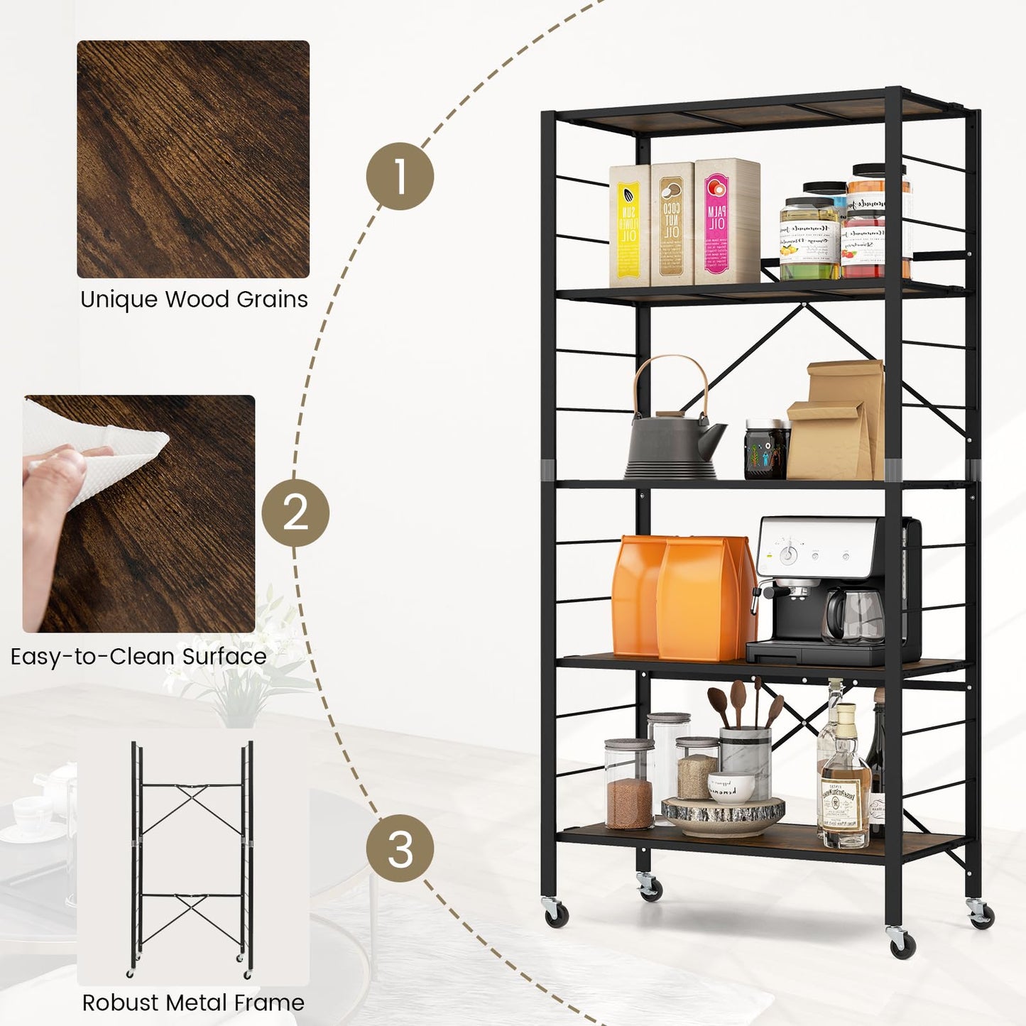 GiantexUK 3/4/5-Tier Storage Cart, Foldable Metal Frame Shelving Unit with Wheels, Adjustable Shelves & Anti-Tipping Device