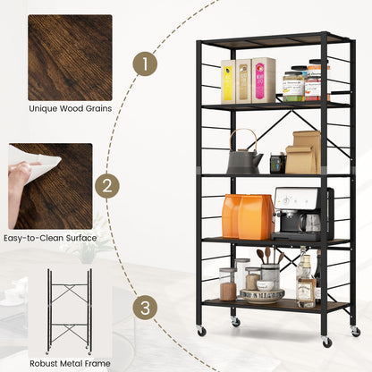 GiantexUK 3/4/5-Tier Storage Cart, Foldable Metal Frame Shelving Unit with Wheels, Adjustable Shelves & Anti-Tipping Device