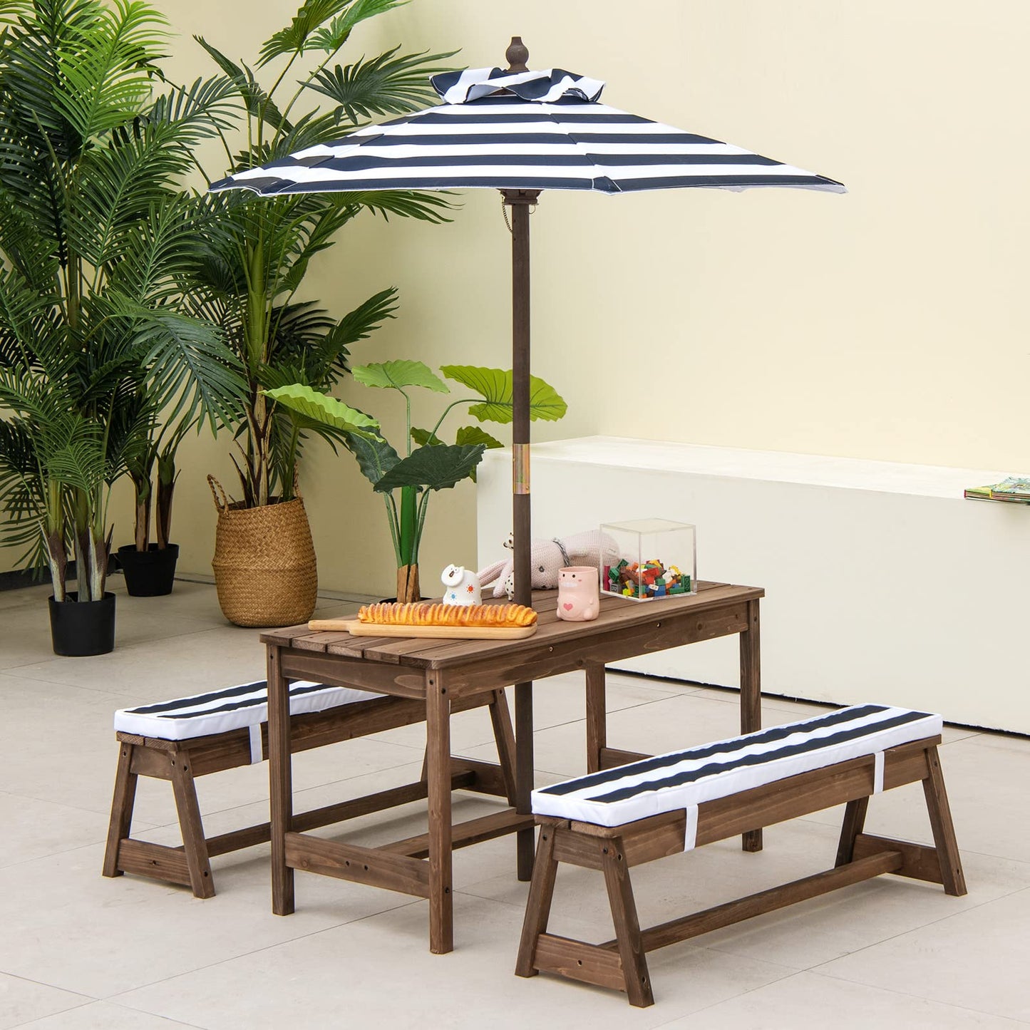 Wood Kids Picnic Table and Bench Set with Cushions
