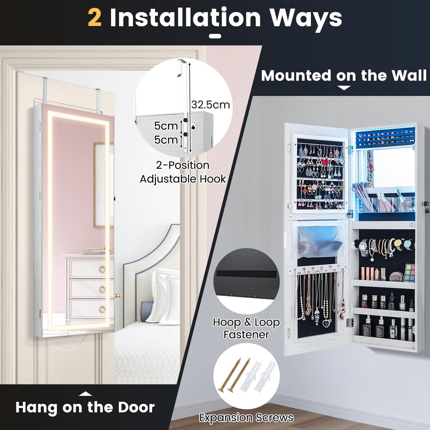 108cm Lockable Jewelry Mirror Cabinet with 3-Color LED Lights