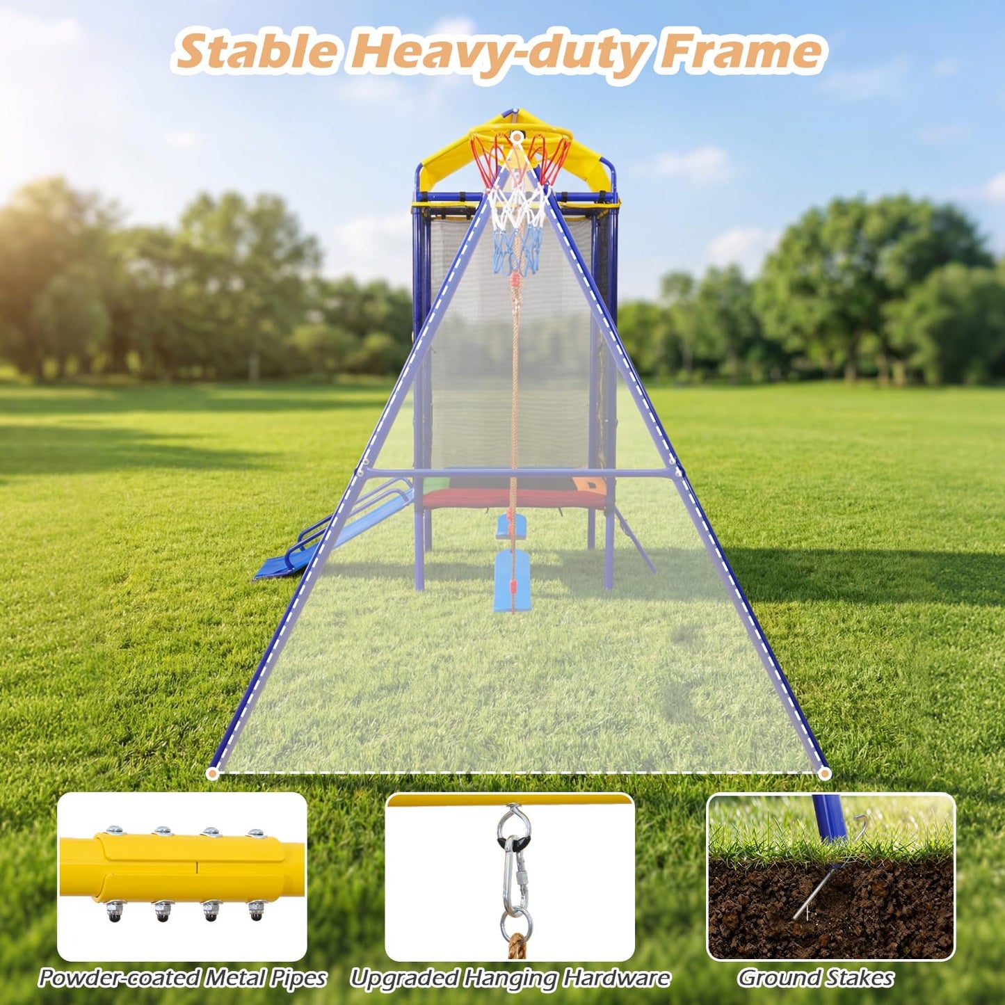5-in-1 Kids Swing Set, Heavy-duty Metal Swing Stand with Trampoline, Roof