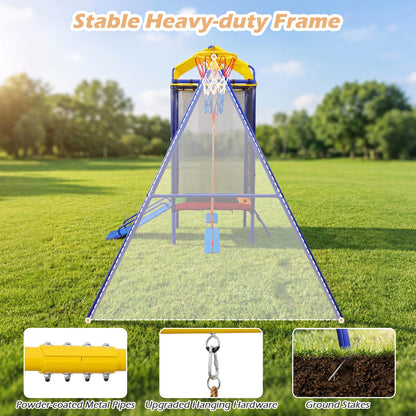 5-in-1 Kids Swing Set, Heavy-duty Metal Swing Stand with Trampoline, Roof
