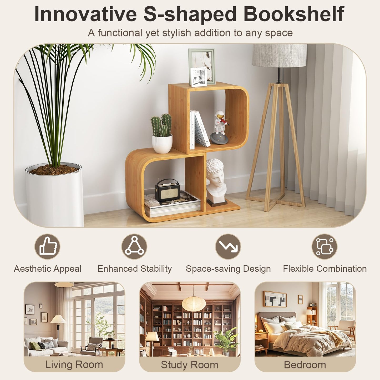 S Shaped Bookcase Bamboo Bookshelf Decorative Storage Organizer