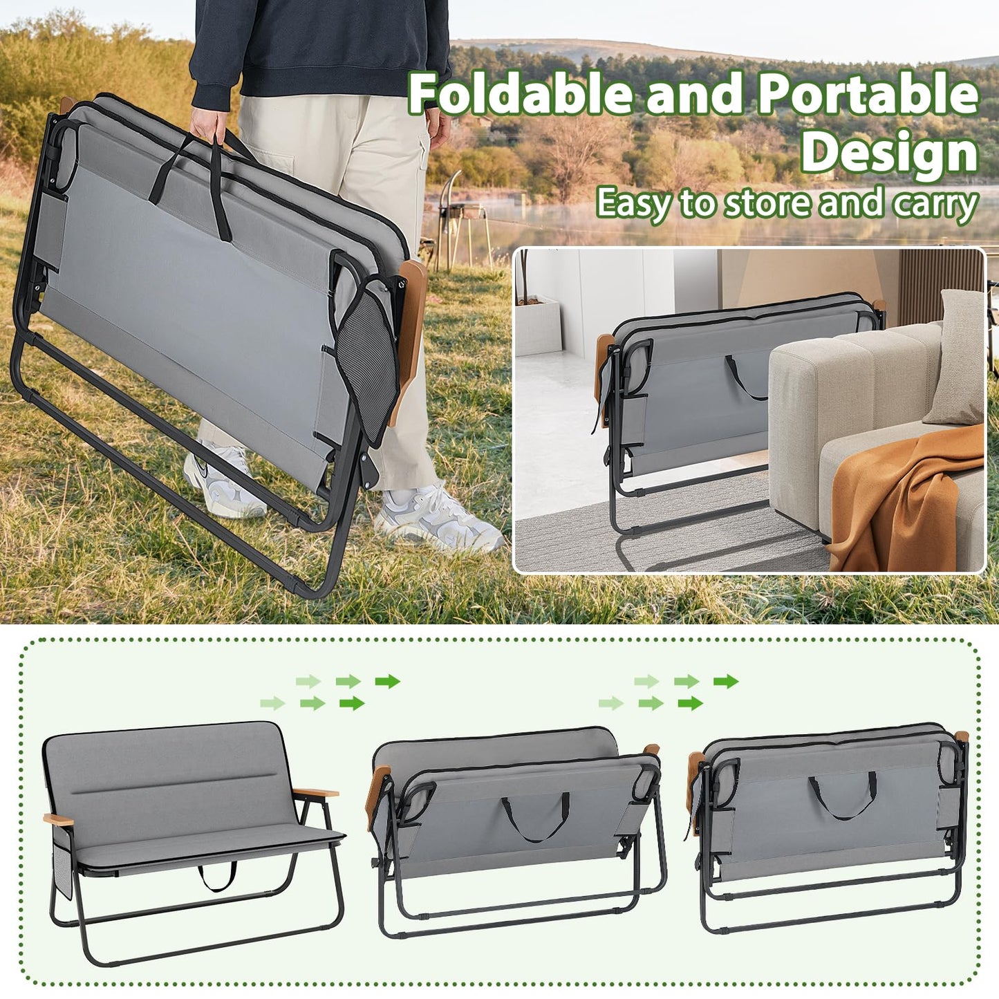Double Camping Chair, 2-Person Folding Loveseat with Detachable Cushion