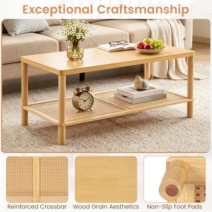 2-Tier Rattan Coffee Table with Storage Shelf, Rubber Wood Frame