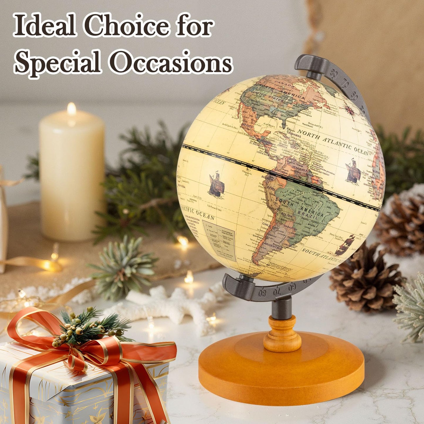 Antique Globe Dia 14cm with Wooden Base and Modern Map