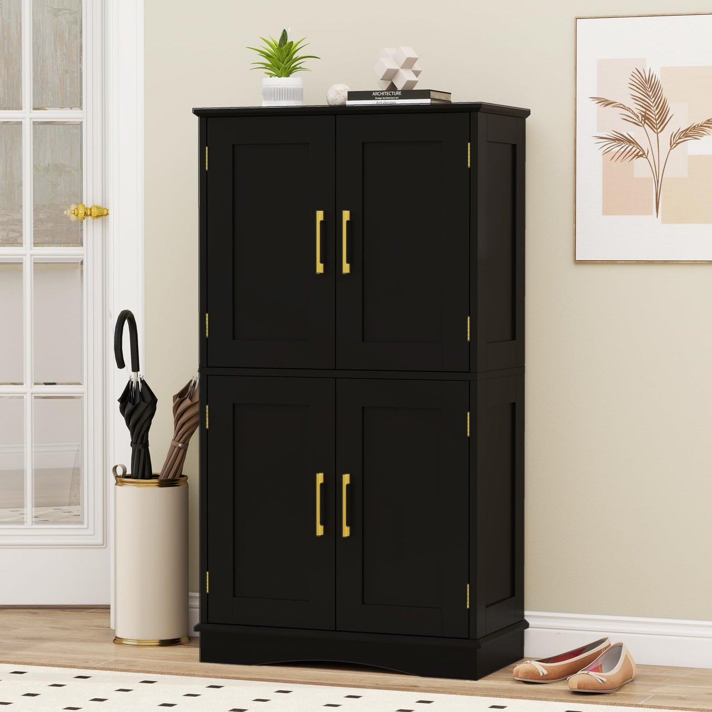 Bathroom Floor Storage Cabinet with 4 Doors and 2 Adjustable Shelves