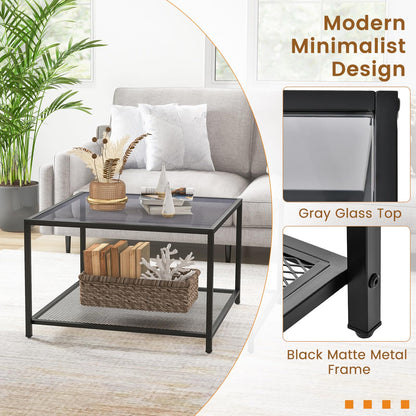 Giantex Square Coffee Table Tempered Glass Sofa Side Table with Adjustable Foot Pads ((with Mesh Shelf)