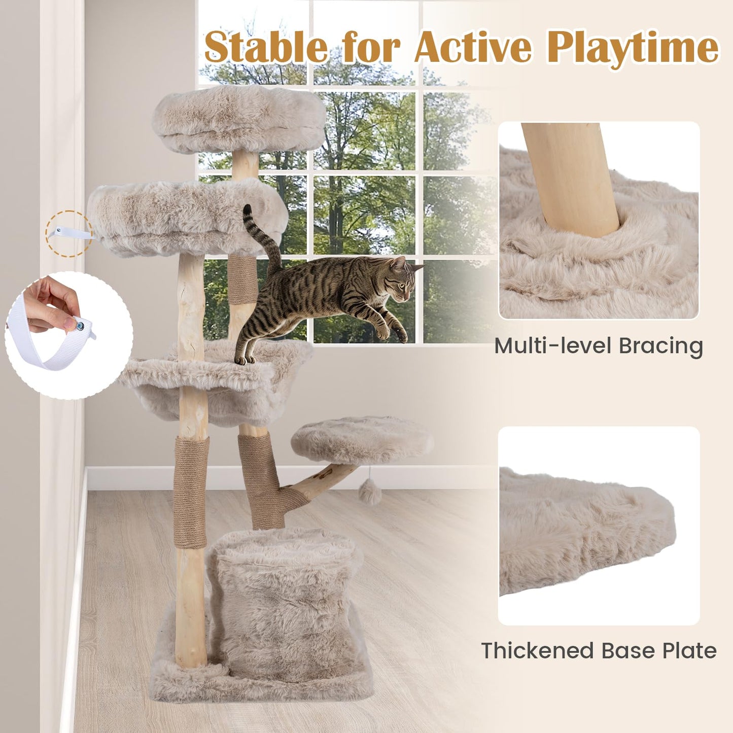147cm Cat Tree Tower with Cat Cave with Sisal Scratching Poles and 2 Plush Play Balls for Indoor Cats