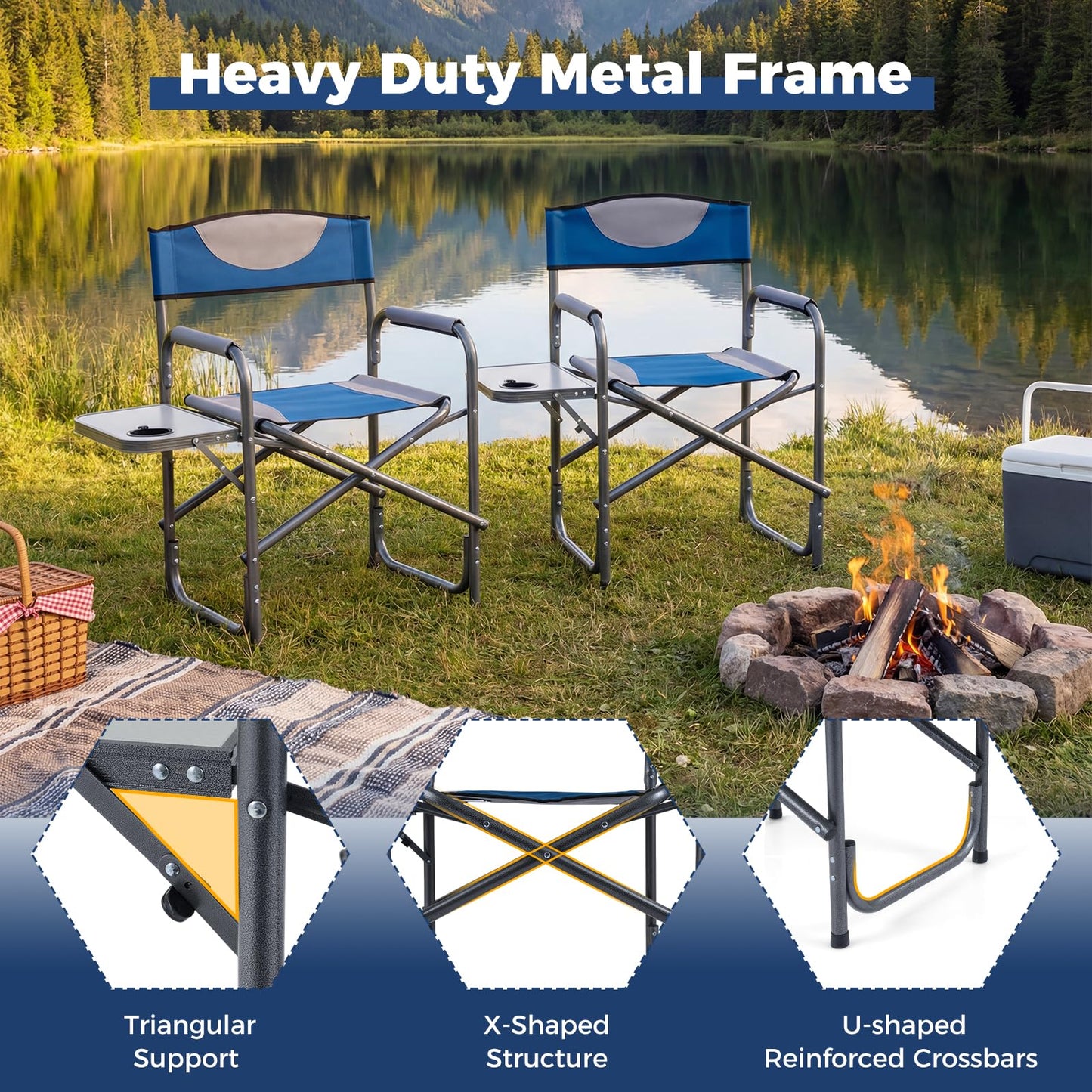 Folding Directors Chair, Oversized Camping Chairs with Side Table and Cup Holder