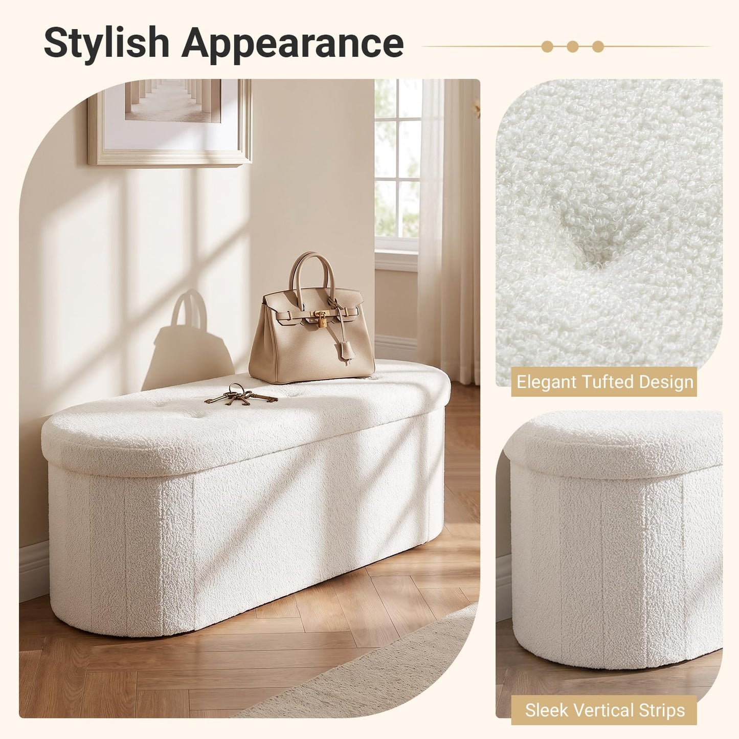 Oval Storage Ottoman Bench, Boucle Folding Footstool