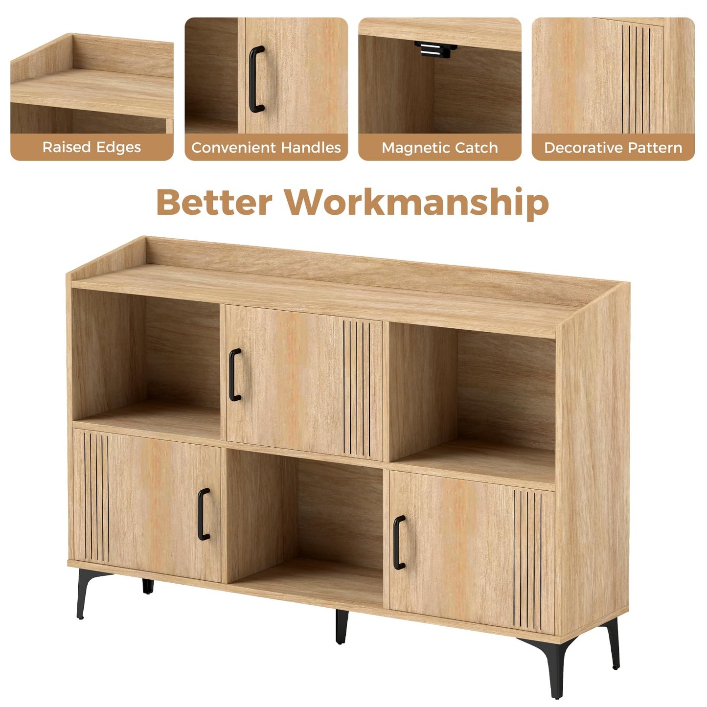 Sideboard Storage Cabinet Bookcase with 3 Doors and Open Compartments