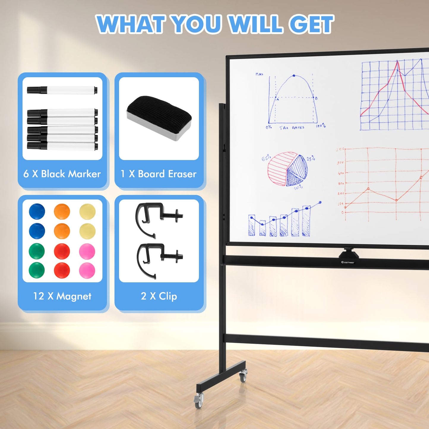 Height Adjustable Magnetic Double Sided Whiteboard with Wheels