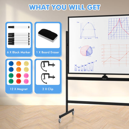 Height Adjustable Magnetic Double Sided Whiteboard with Wheels