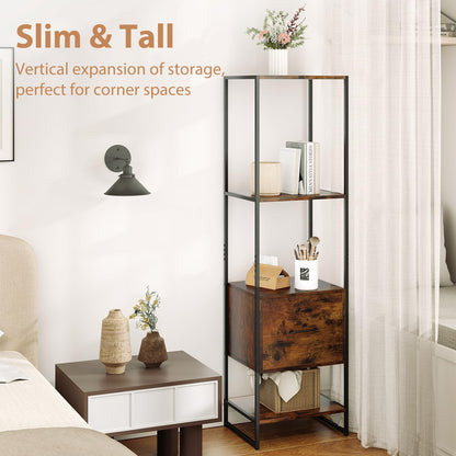 5-Tier Tall Narrow Bookcase Bookshelf with Drawer Shelves