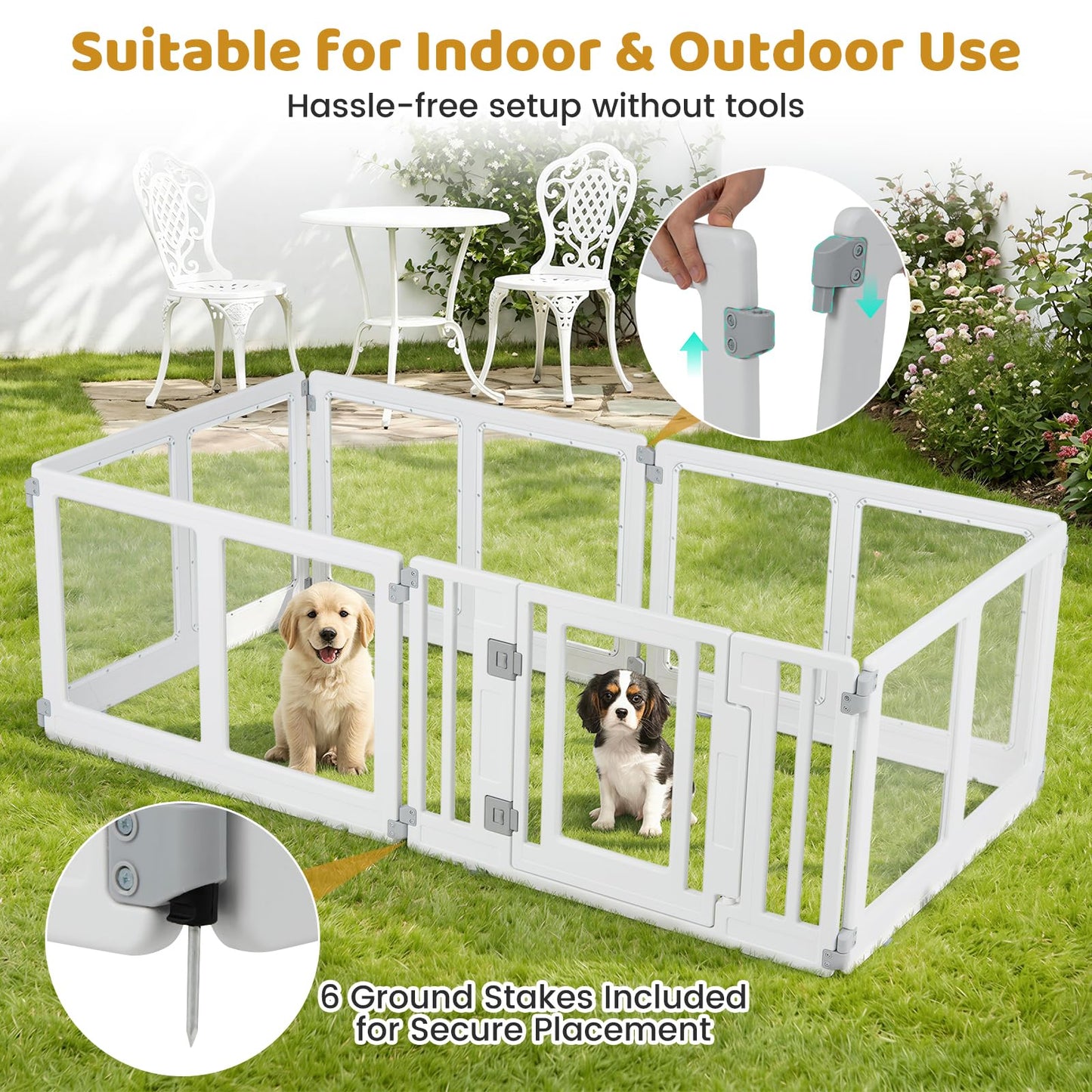 Dog Playpen, 6 Panels Plastic Pet Fence with Lockable Door