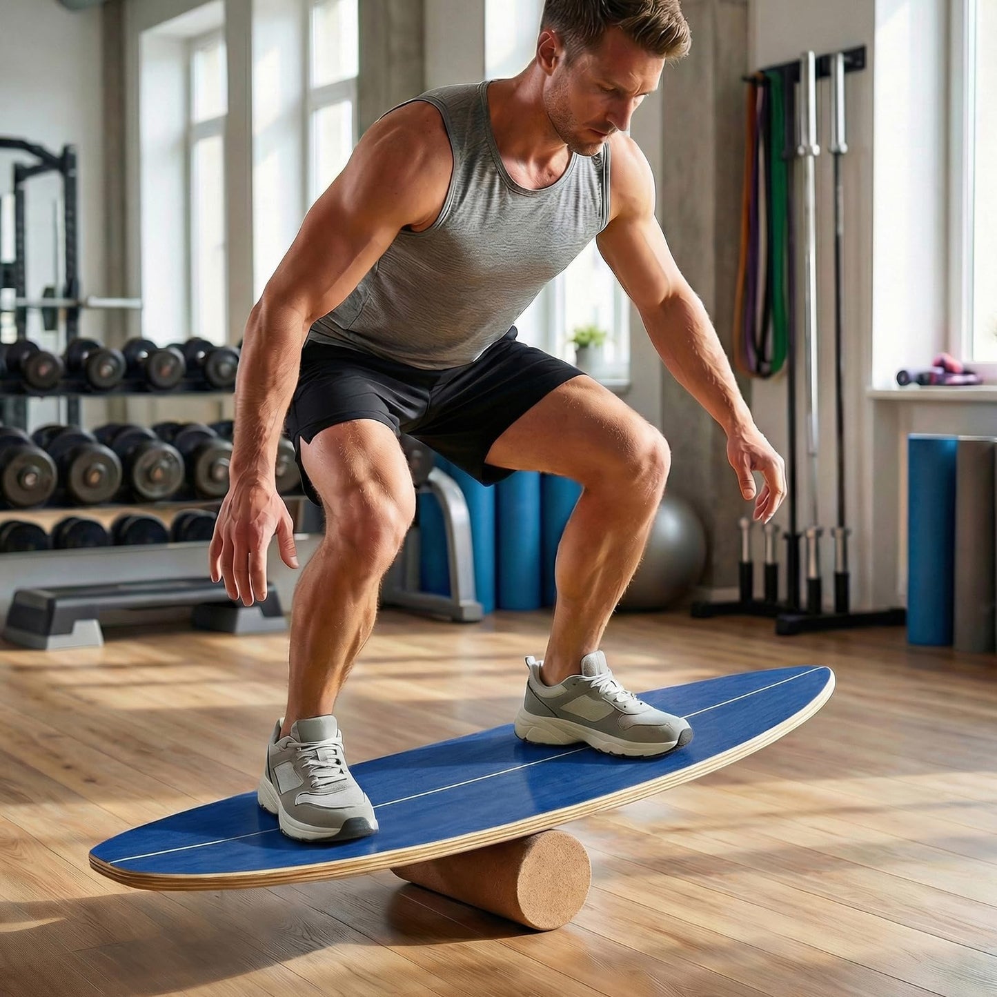 Balance Board Trainer for Adults Wooden Balancing Board with Cork Roller and Storage Rack to Exercise