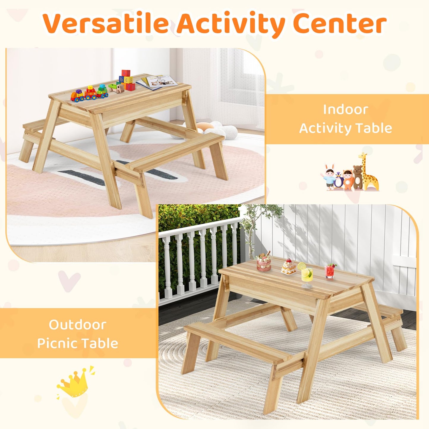 4 in 1 Wooden Table and Bench Set with Removable Top and 2 Storage Boxes