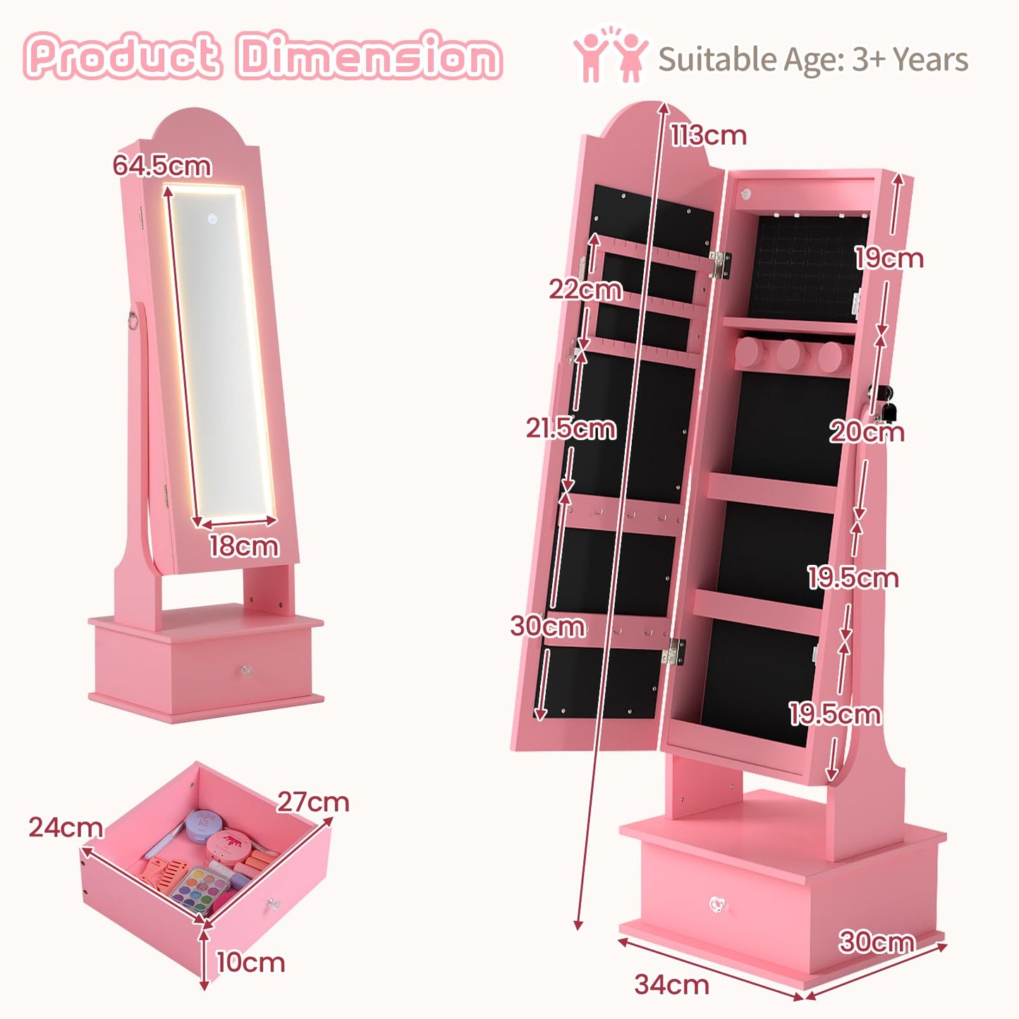 Kids Jewelry Cabinet Children Jewelry Organizer with Lights