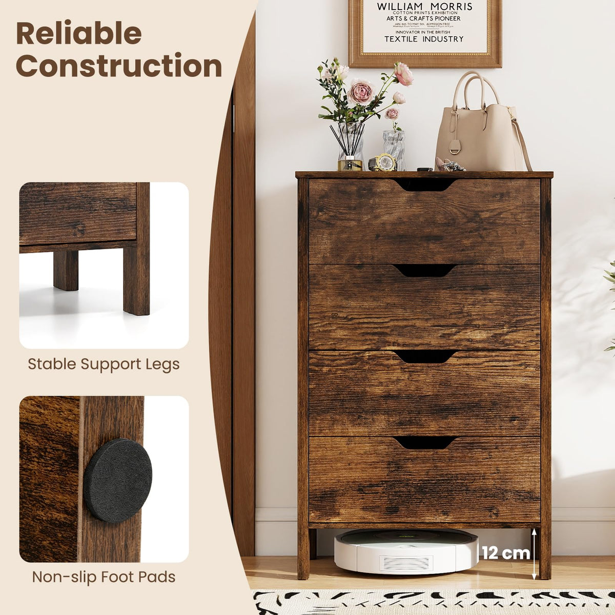 4-Drawer Wooden Tall Utility Storage Dresser with Anti-Toppling Kits for Bedroom