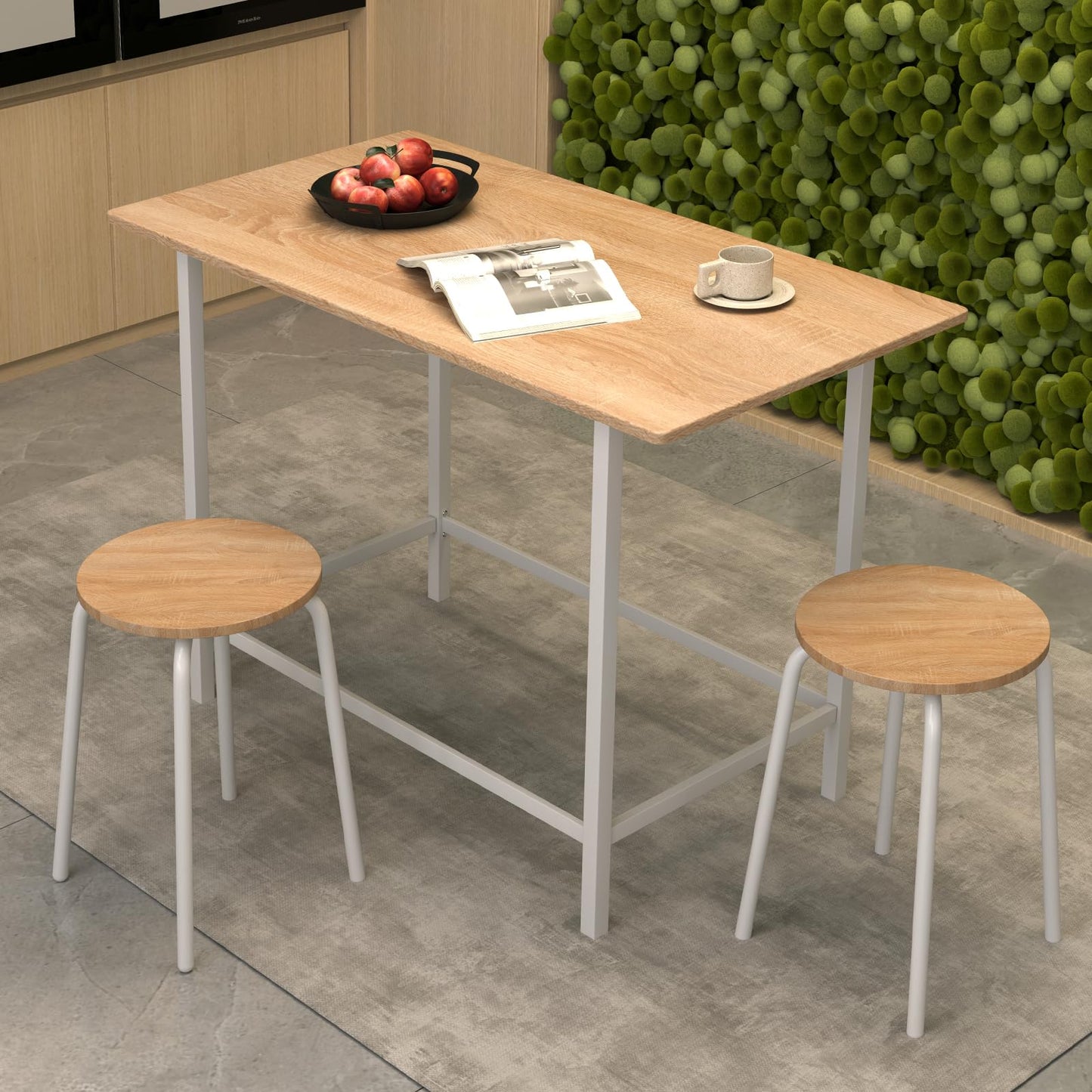 3 Piece Wooden Breakfast Kitchen Table and Stools with Metal Legs