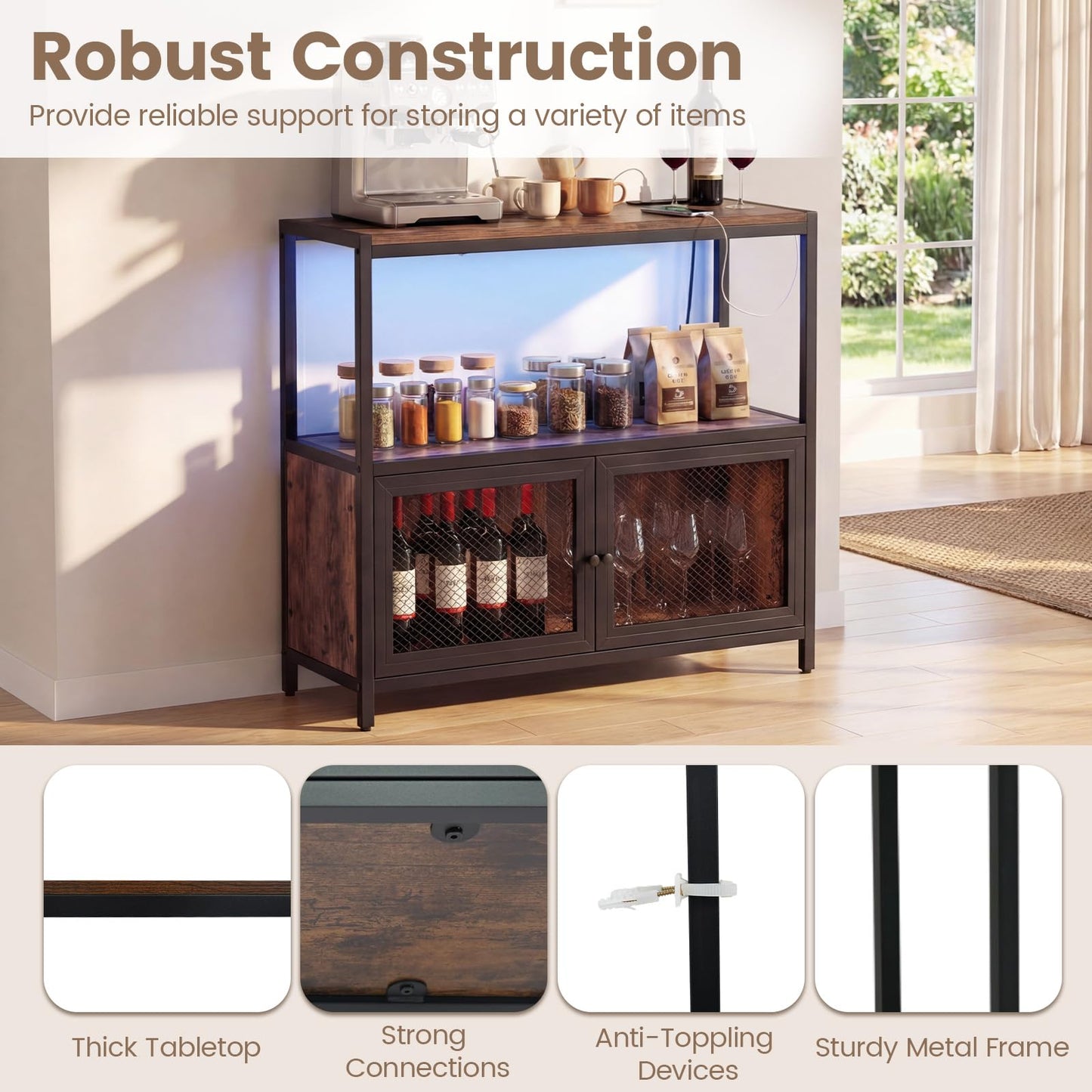 Coffee Bar Cabinet with LED Lights Charging Station & Open Shelf for Kitchen