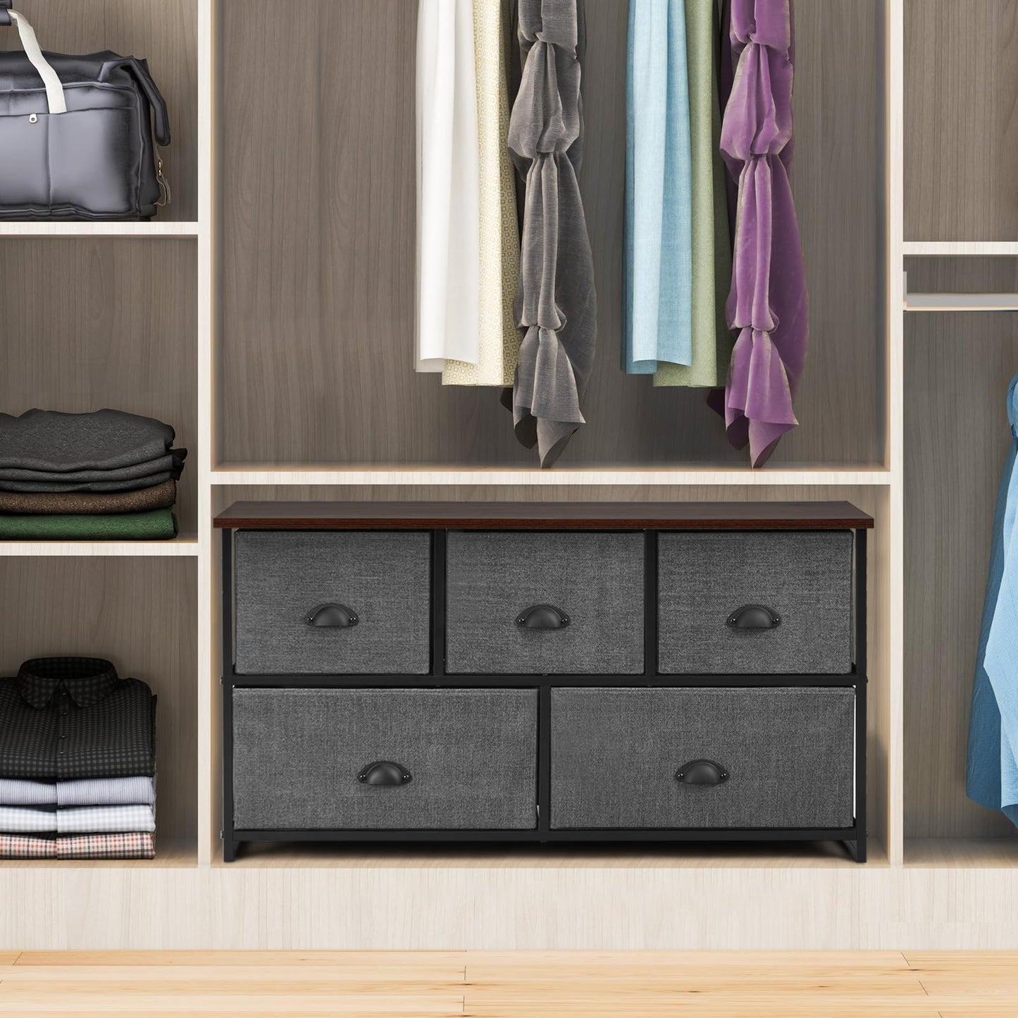 Fabric 5 Drawer Dresser Cabinet with Wooden Top