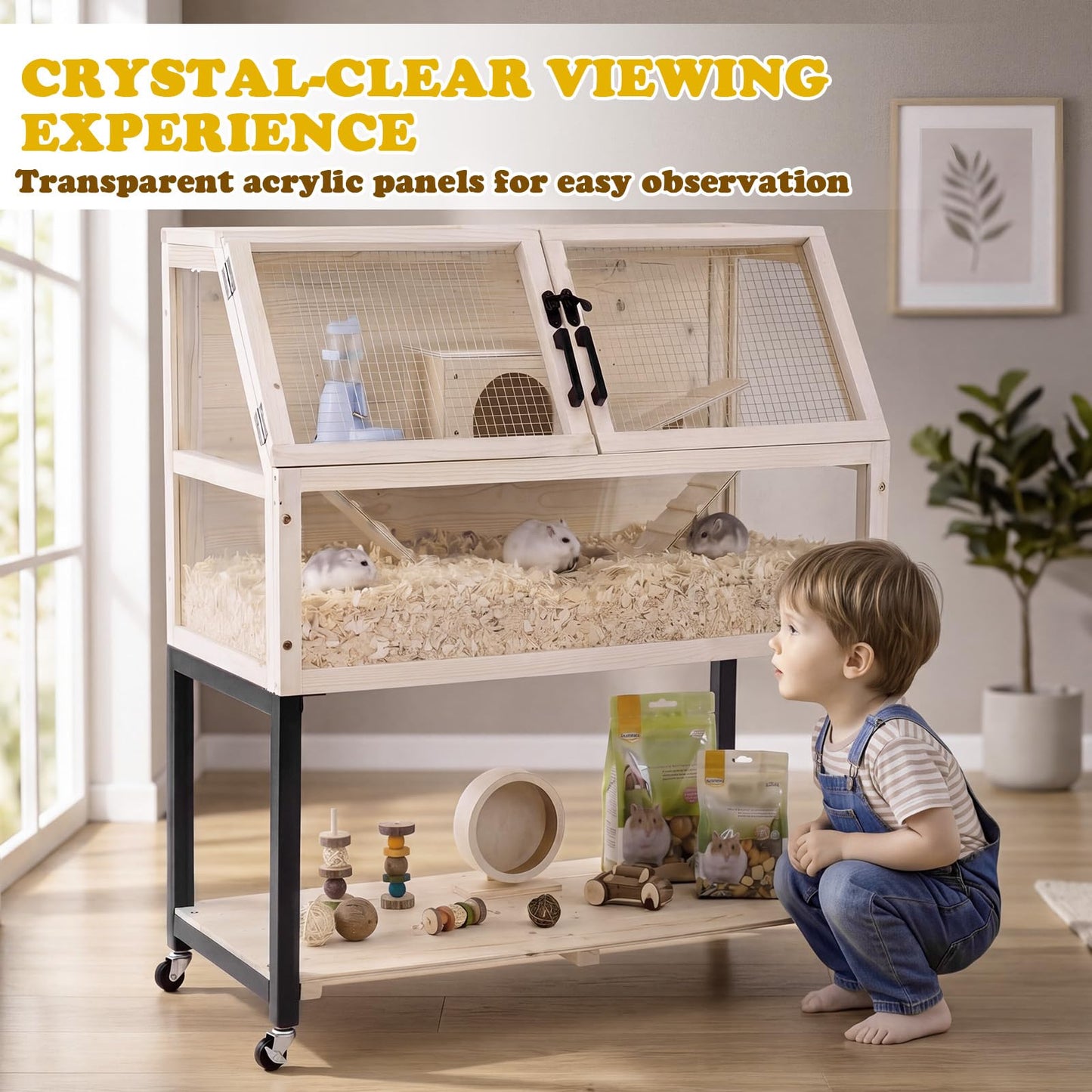 Wooden Hamster Cage, 2-Tier Small Animal House with Acrylic Windows