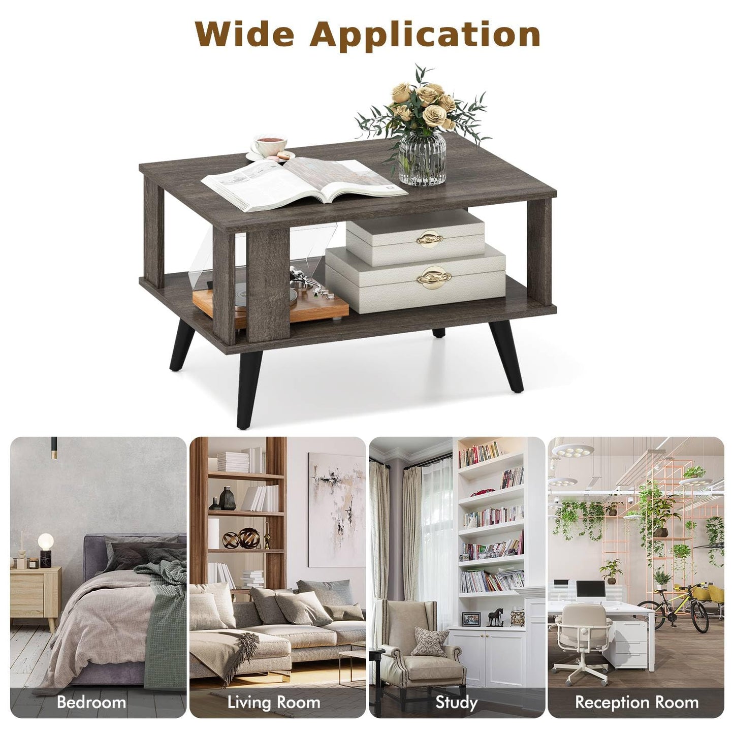 Wooden Industrial Coffee Table with Storage Shelf for Home Office