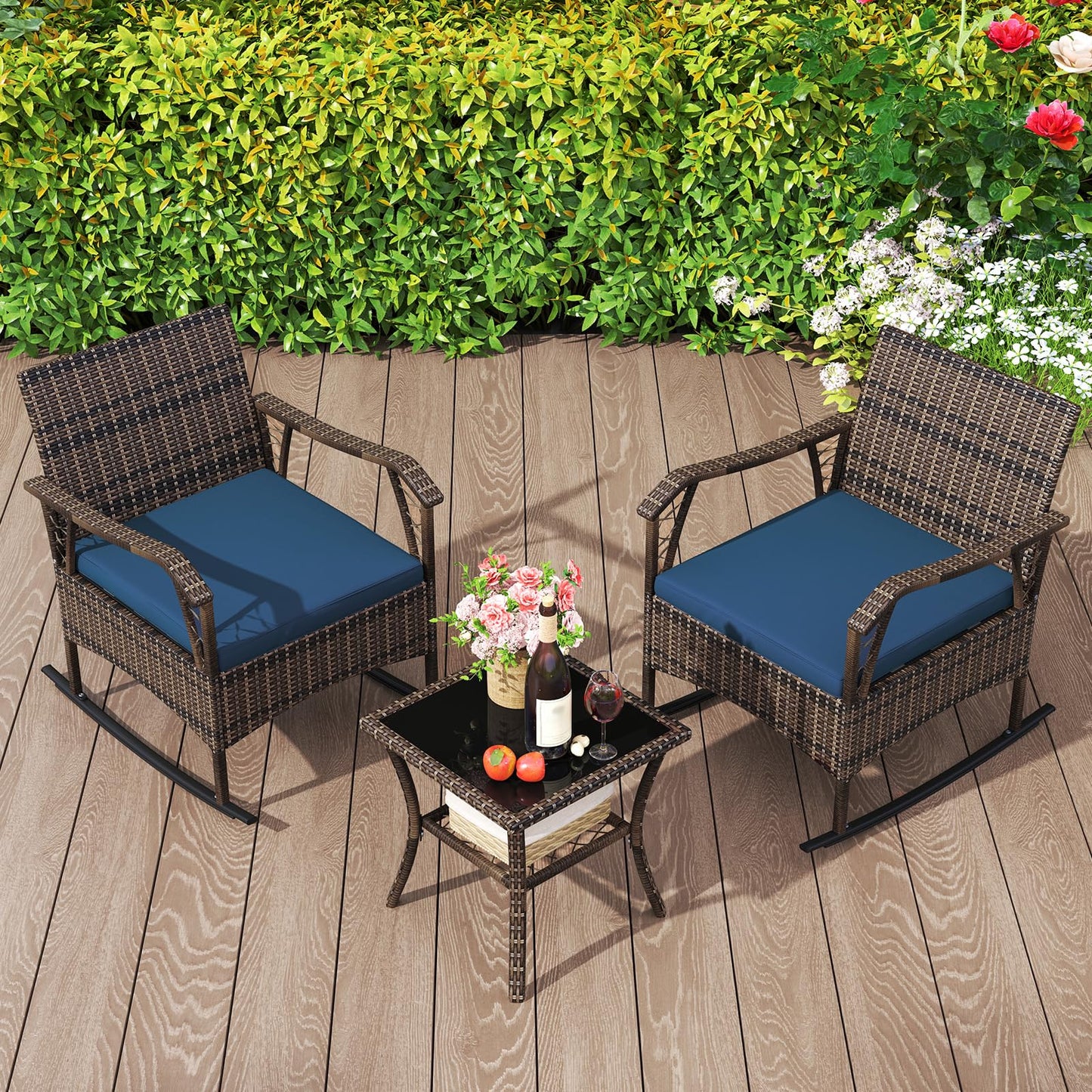 3 PCS PE Rattan Garden Rocking Bistro Set with Tempered Glass Coffee Table