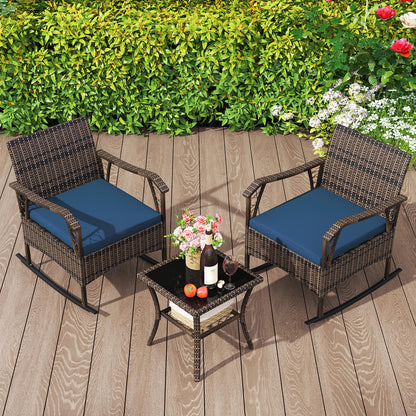 3 PCS PE Rattan Garden Rocking Bistro Set with Tempered Glass Coffee Table