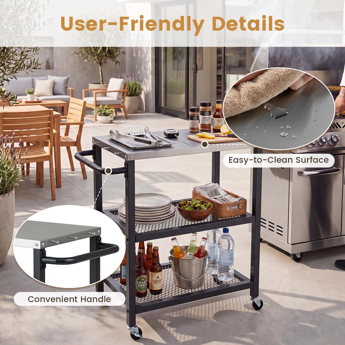 Outdoor Grill Cart on Wheels, Pizza Oven Stand Serving Trolley with Stainless Steel Top, Handle and Hooks