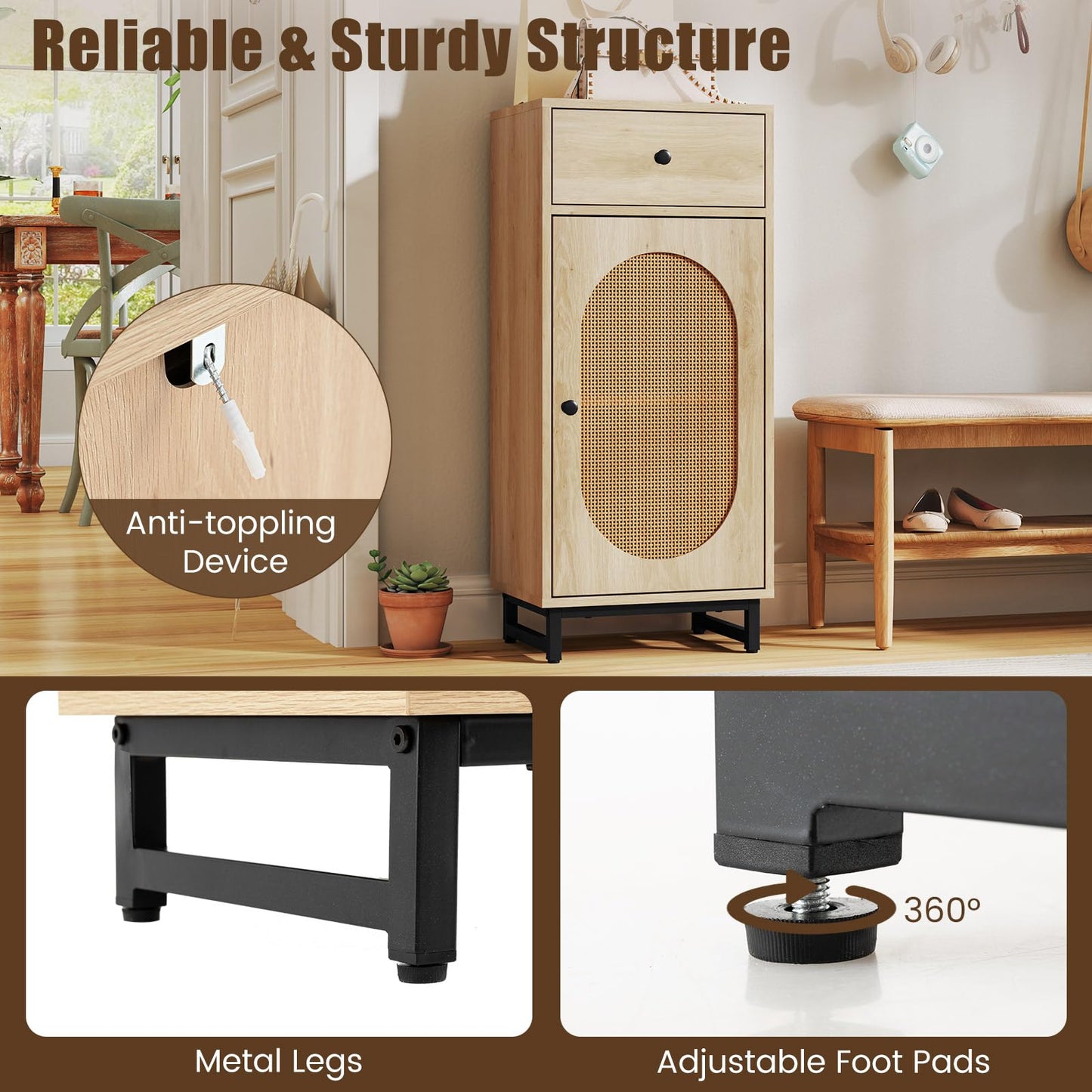 PE Rattan Storage Cabinet with Adjustable Foot Pads and Anti-toppling Kit