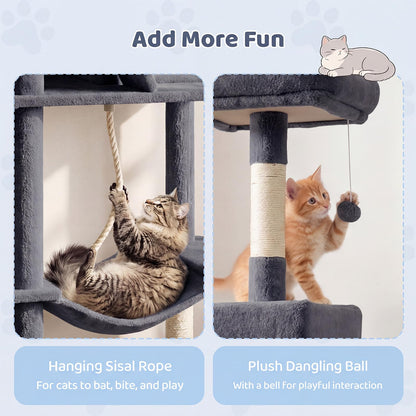 Cat Tree, 158cm Tall Multi-Layer Cats Tower with Plush Top Perch, Cave, Hammock, Sisal Scratching Posts