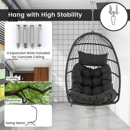 Foldable Rattan Hanging Chair with Soft Cushion and Head Pillow