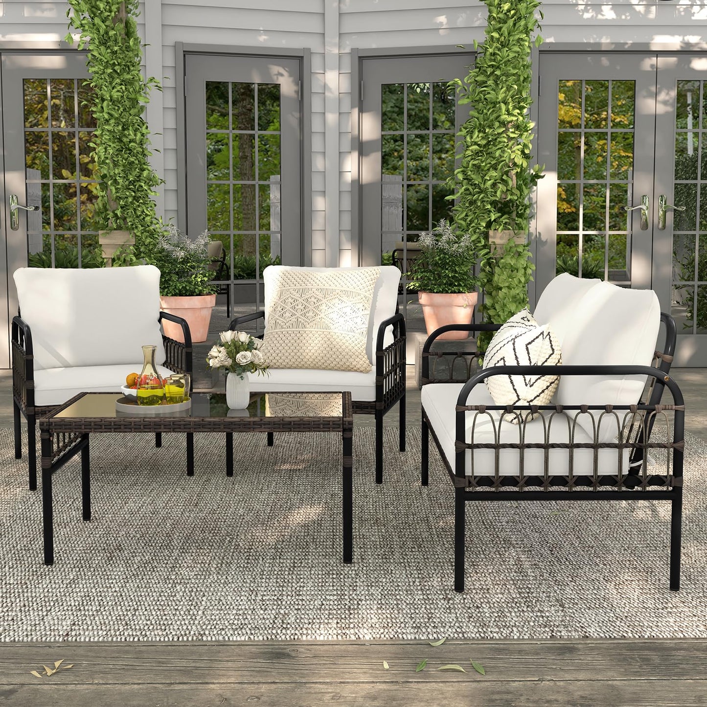 4 Piece Rattan Garden Furniture Set for Lawn Poolside