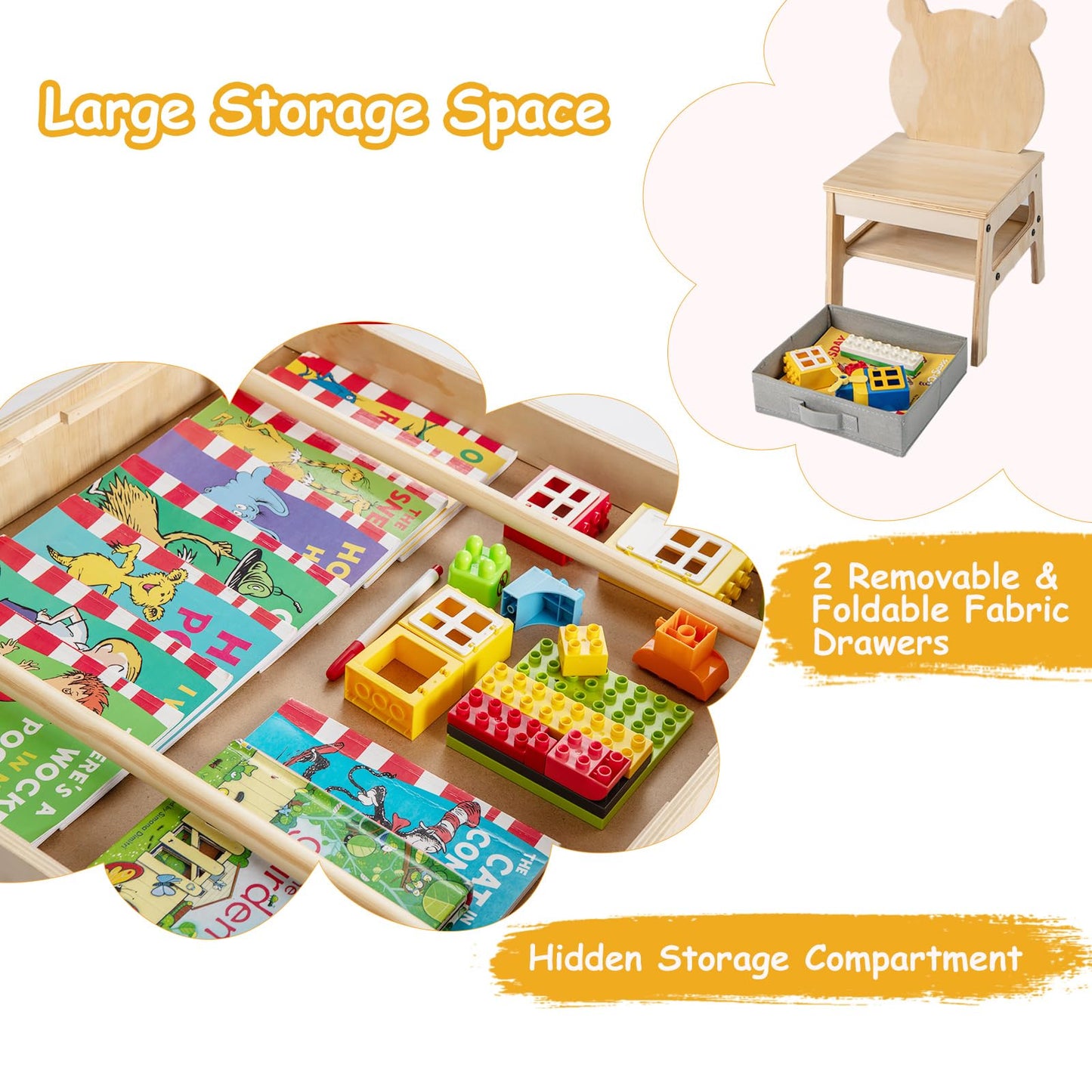 Kids Table and Chairs 4 in 1 Wooden Activity Desk Set (Bear Shape)