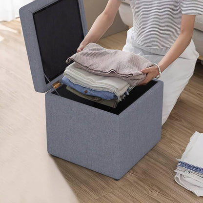 40 cm Square Storage Ottoman Linen Fabric Footstool with Lid
