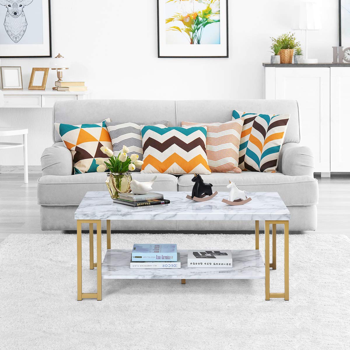 Marble Effect Cocktail Center Table with Storage Shelf