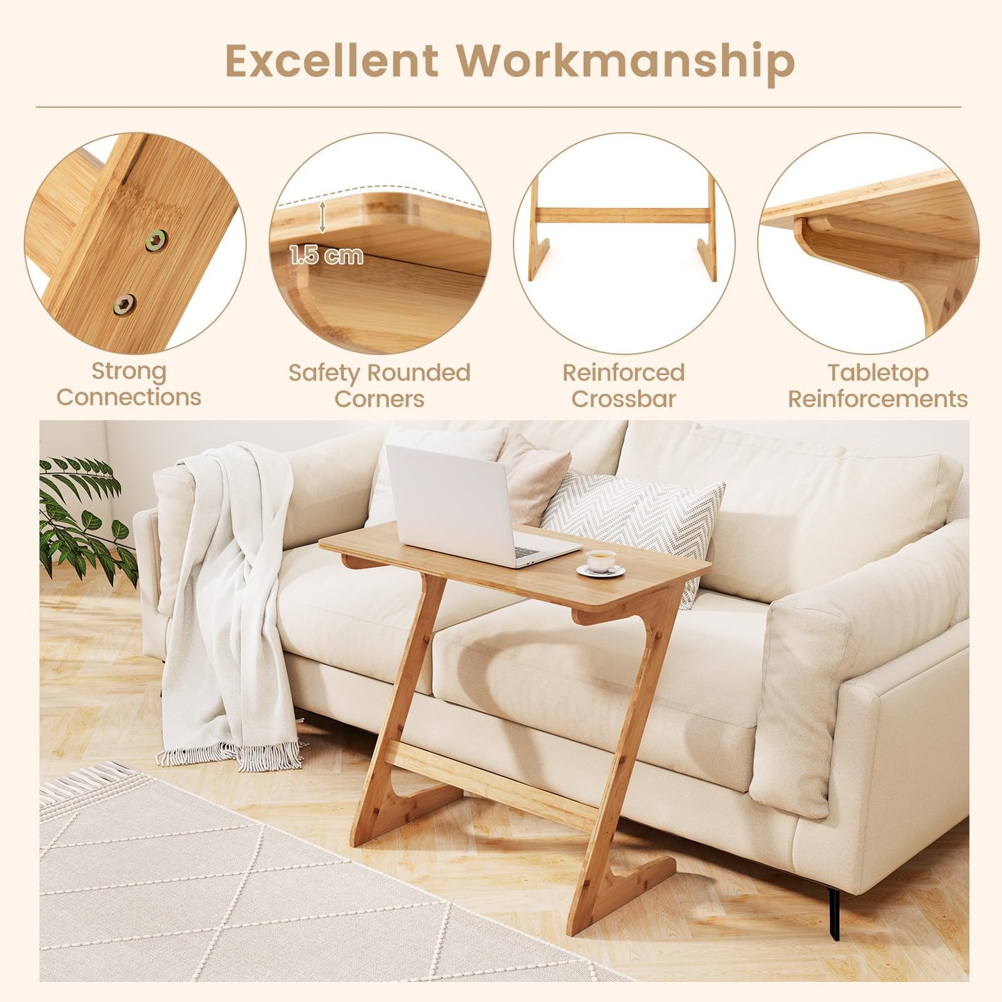 Z Shaped Bamboo Sofa Side End Couch Table for Snacks and Drinks
