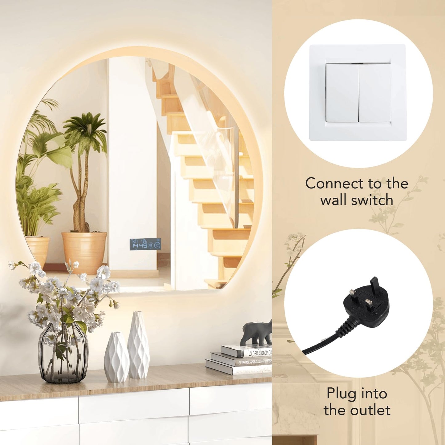 Half Circle LED Bathroom Mirror with Touch Switch and 3-Color Lights