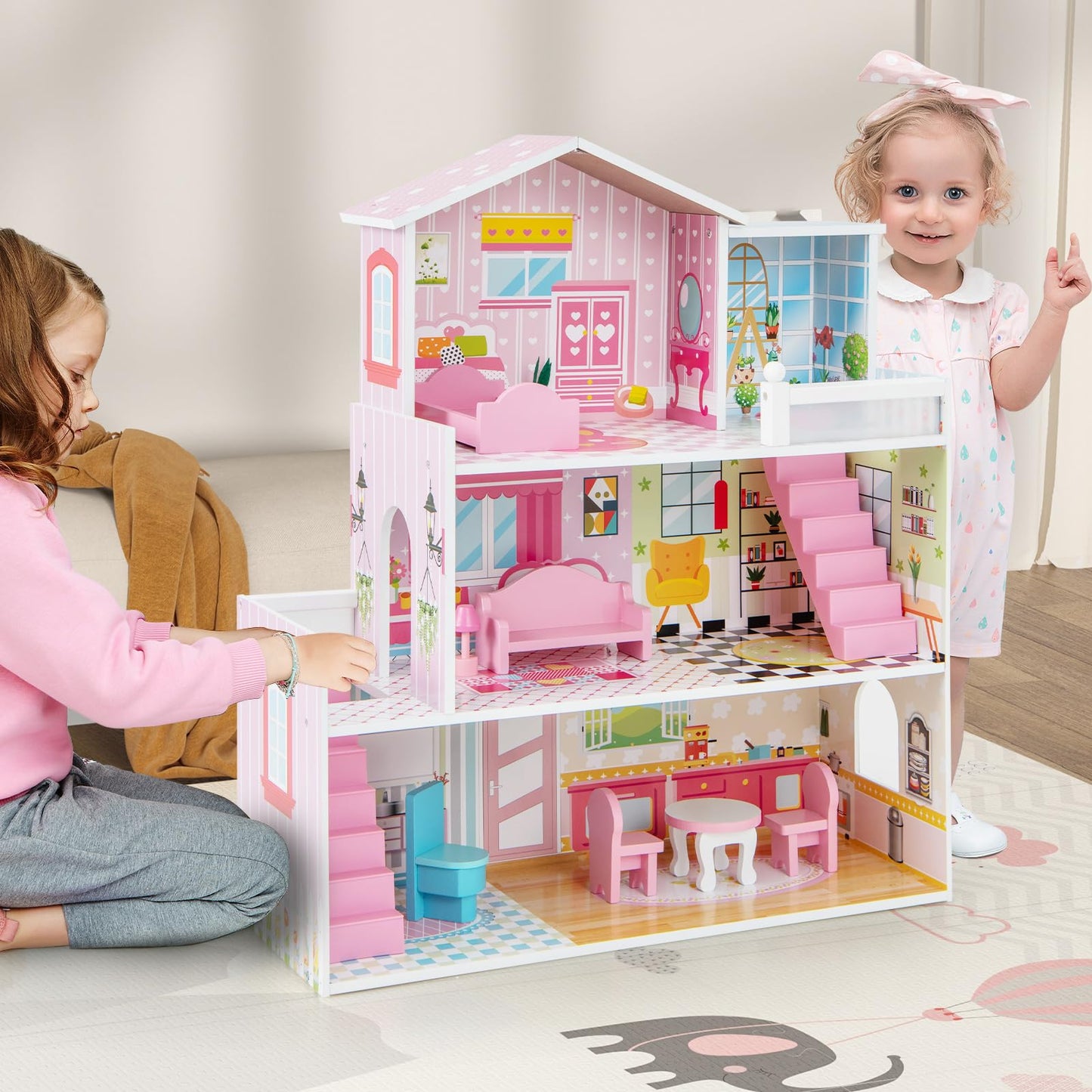 Kids Wooden Dollhouse DIY Pretend for Toddlers 3-7 Years Old