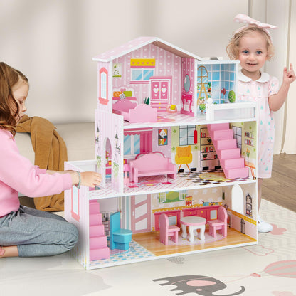 Kids Wooden Dollhouse DIY Pretend for Toddlers 3-7 Years Old