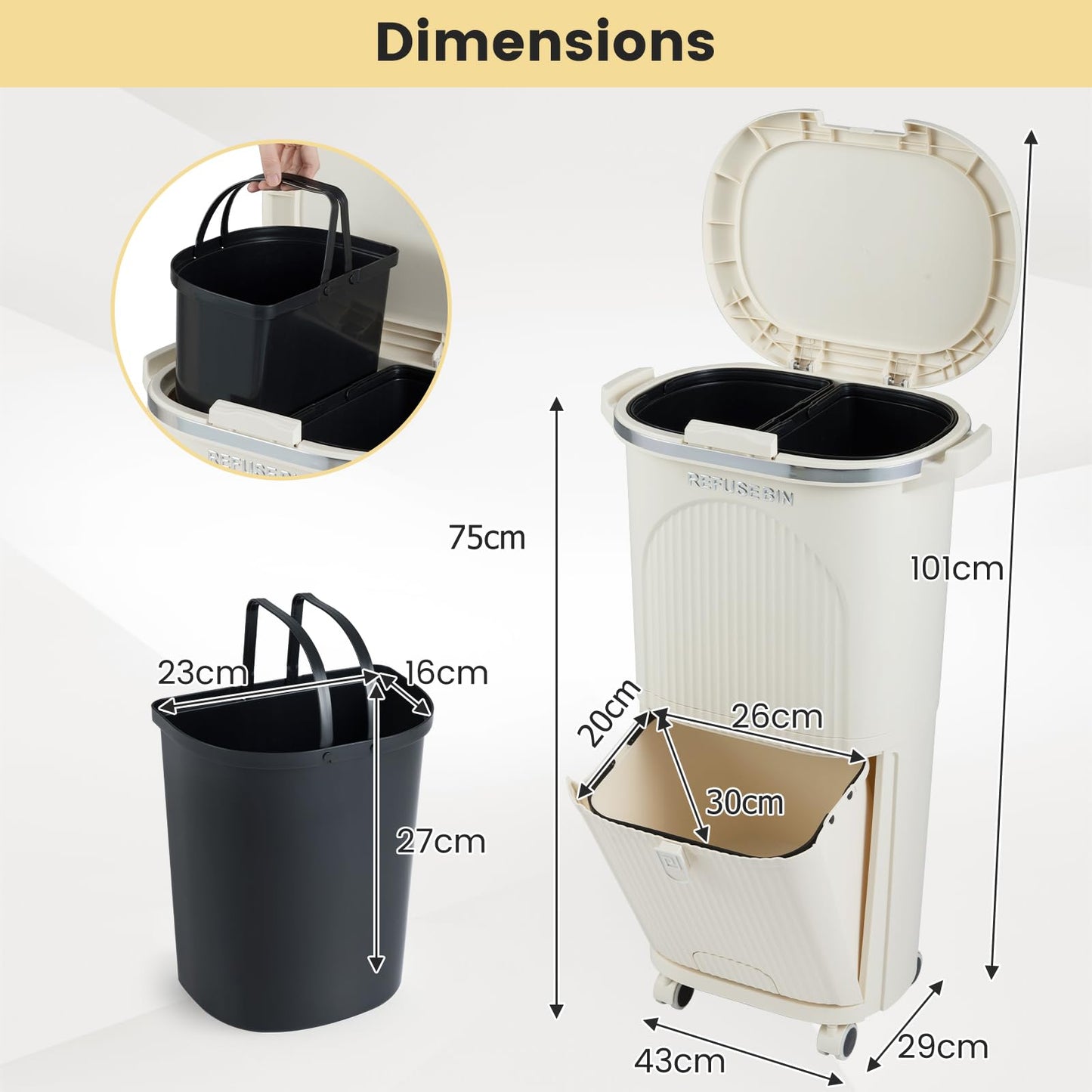 Recycling Bins, 38L Dry and Wet Separation Trash Can with 3 Compartments