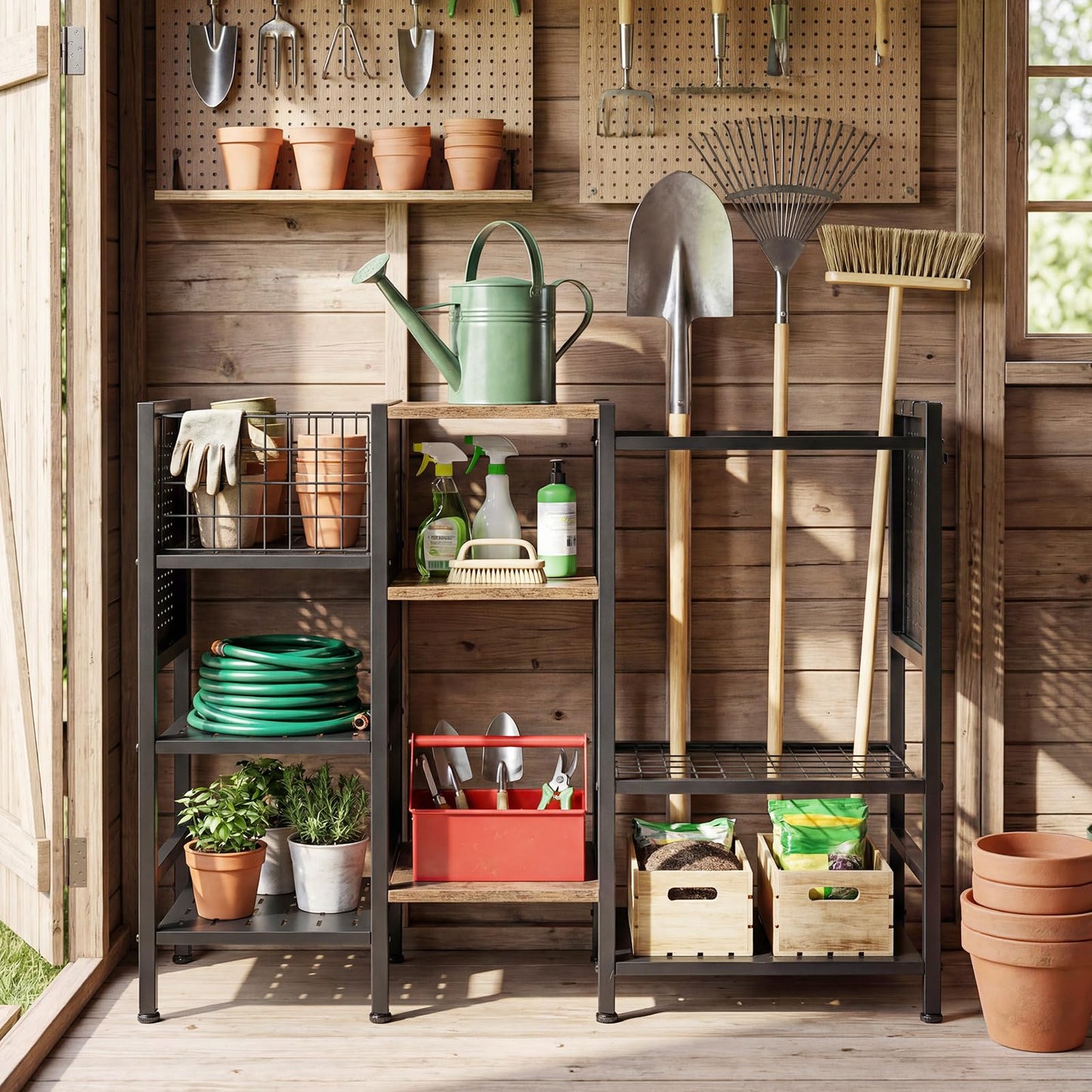 Garden Tool Storage Rack, 3 Tier Metal Yard Tool Organizer with Wooden Shelves