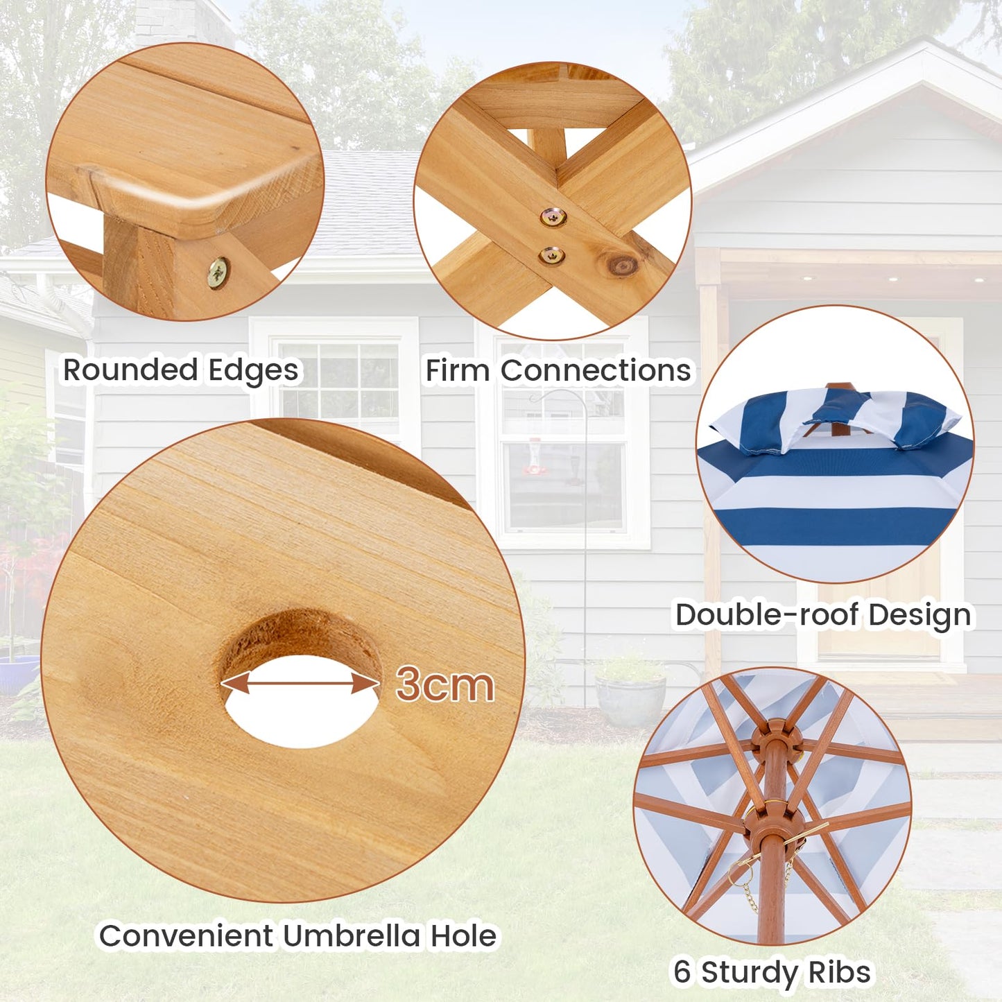 Wooden Kids Picnic Table and Benches Set with Foldable Parasol
