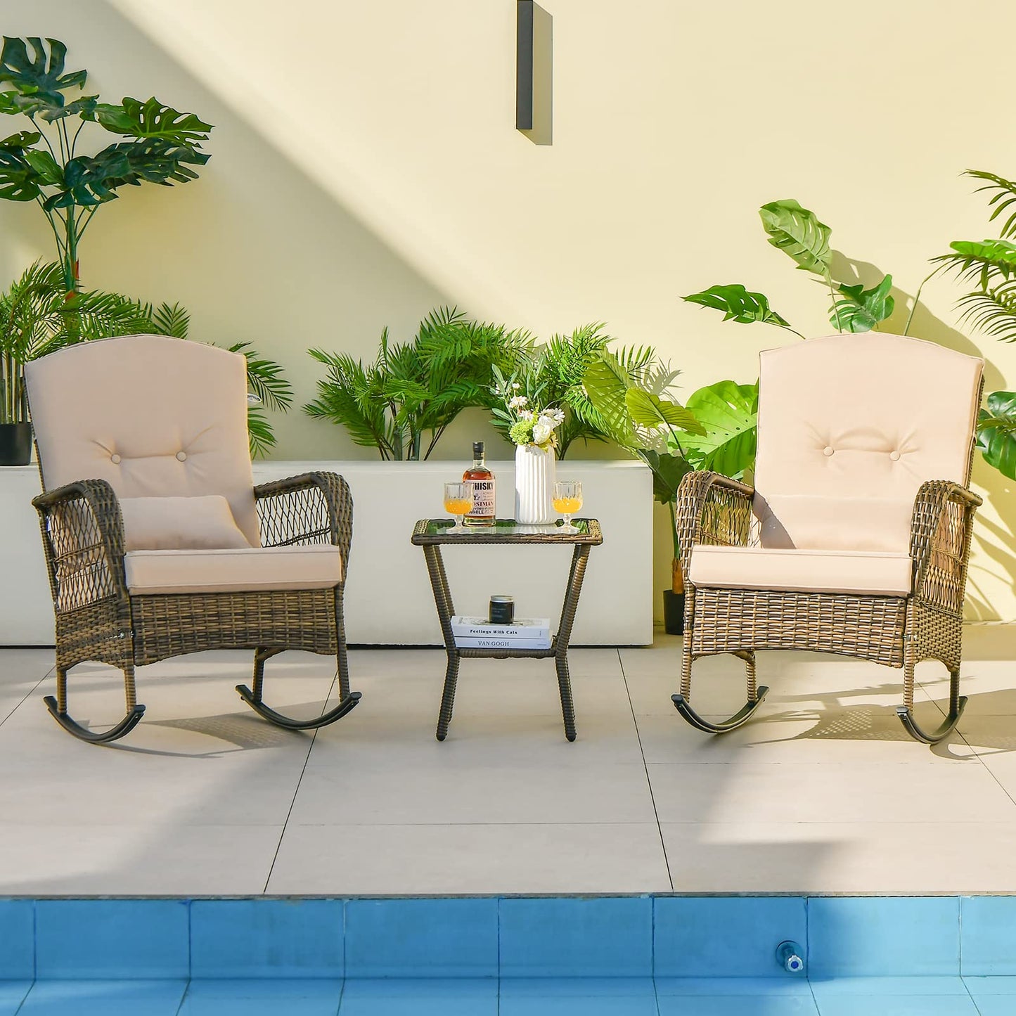 Outdoor Rocking Chairs and Table Set with Cushions and Pillows